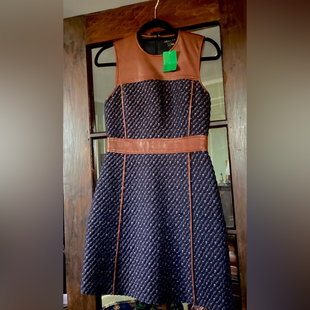 Theory Calvino Heighten Navy Tweed and Leather Dress